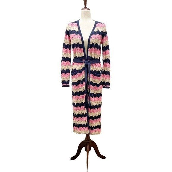 Laurie Felt Pointelle Knit Maxi Cardigan Duster Sweater Navy Pink Tan Size XXS - Picture 2 of 16